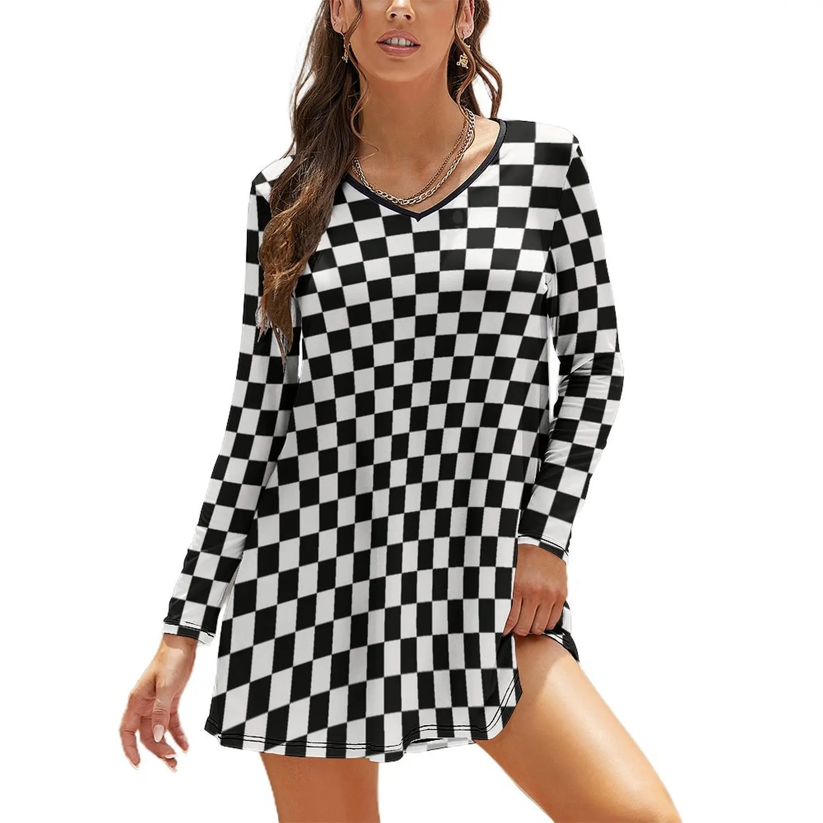 Vestido de manga larga holgado para mujer, traje de noche de verano, blanco y negro