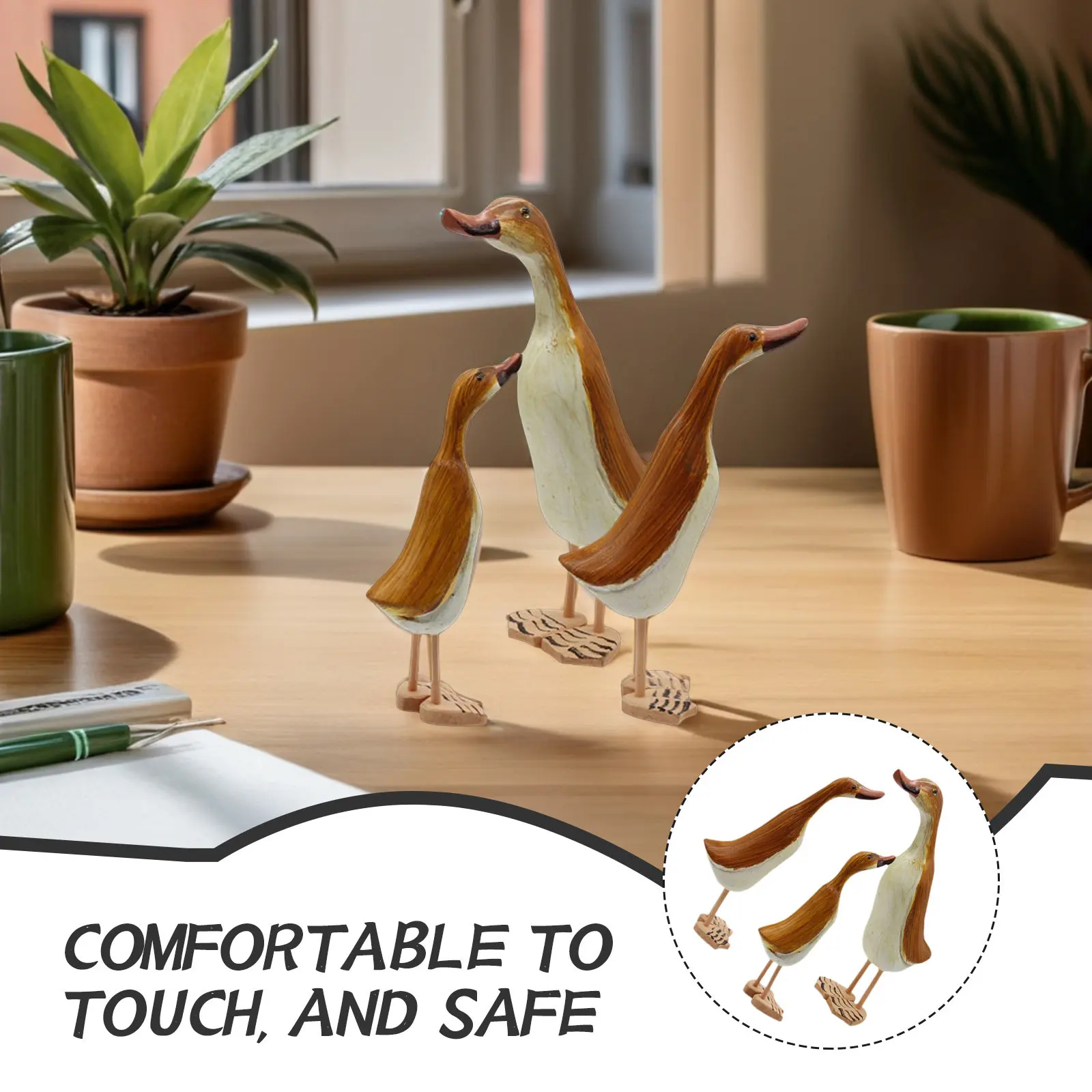 3Pcs Premium Wooden Duck Animal Statue Decor Smooth Edges Table Decoration for Study Room Library Hotel Gift Wooden Sculpture