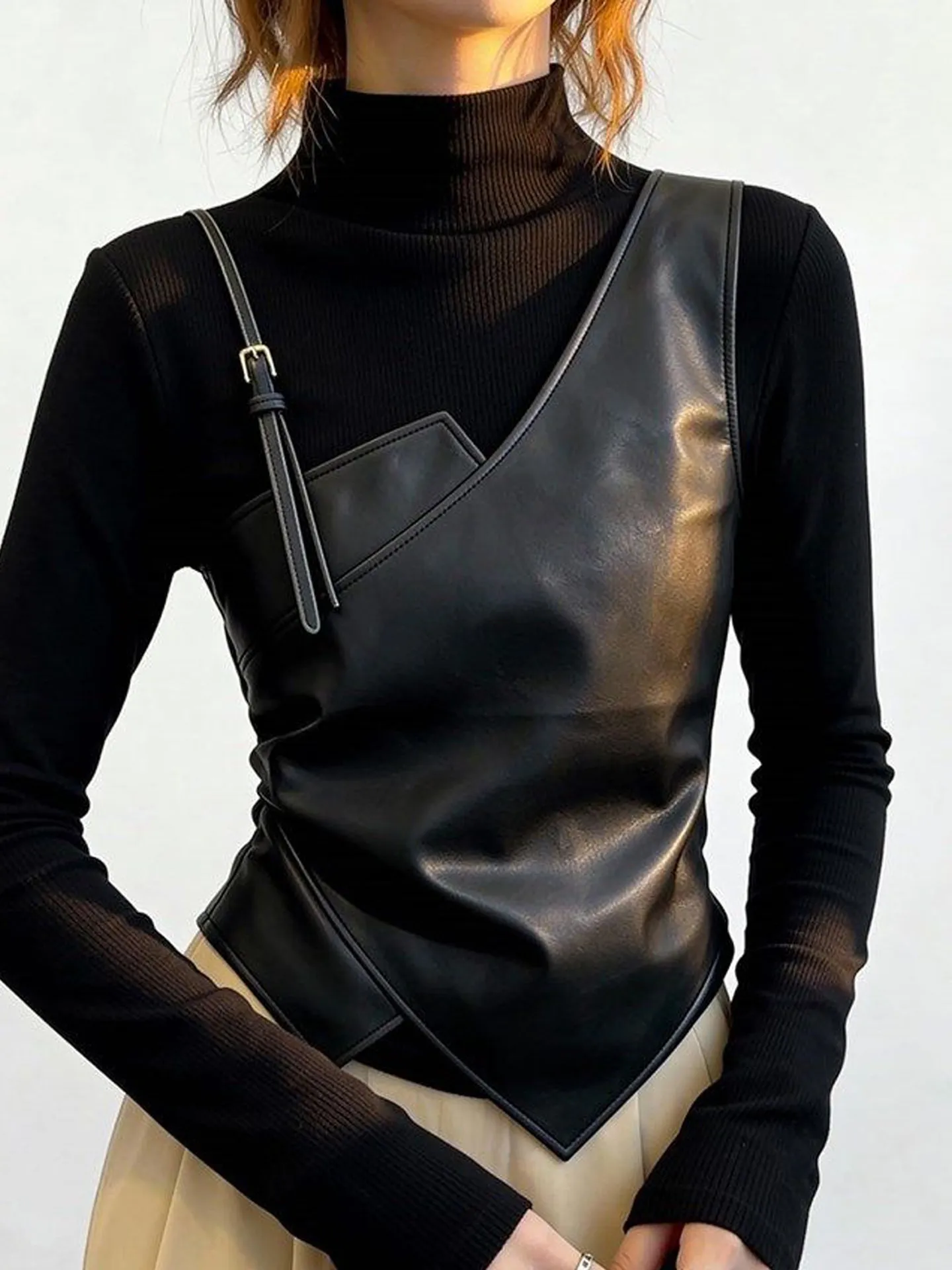 

Модная женская футболка больших размеров с длинным рукавом, осенне-зимняя, приталенная, с кожаными вставками, дизайн пэчворк, 2026