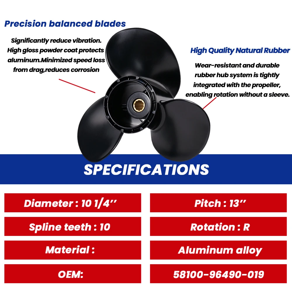 10 1/4x13 Outboard Propeller for Suzuki 20 25 30HP Boat Aluminum Alloy Screw 3 Blade 10 Spline Marine Engine Part