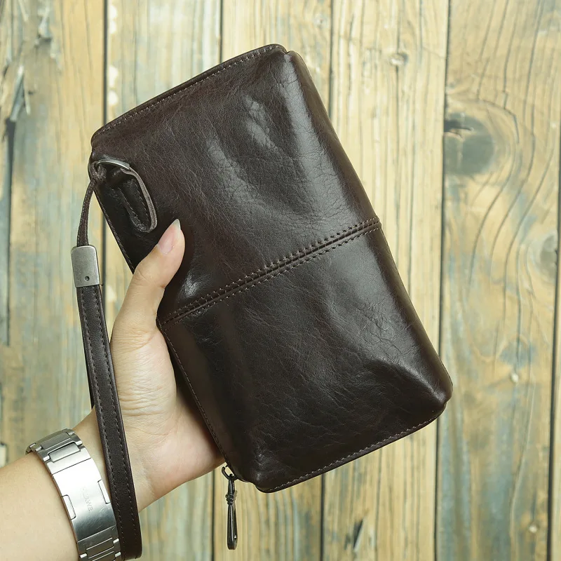 Gu Chaoke Men's Leather Clutch Bag Soft Leather Zipper Long Wallet First Layer Cowhide Large Casual Mobile Phone Bag