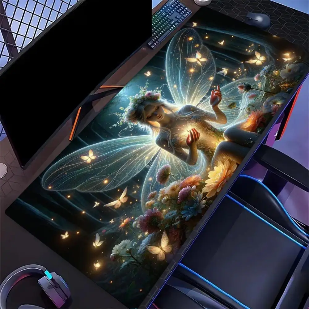 Starry Night Winged Fairy Gaming Mouse Pad Non Slip Rubber Stitched Edge Keyboard Table Mat For Laptop Office Desktop Setup