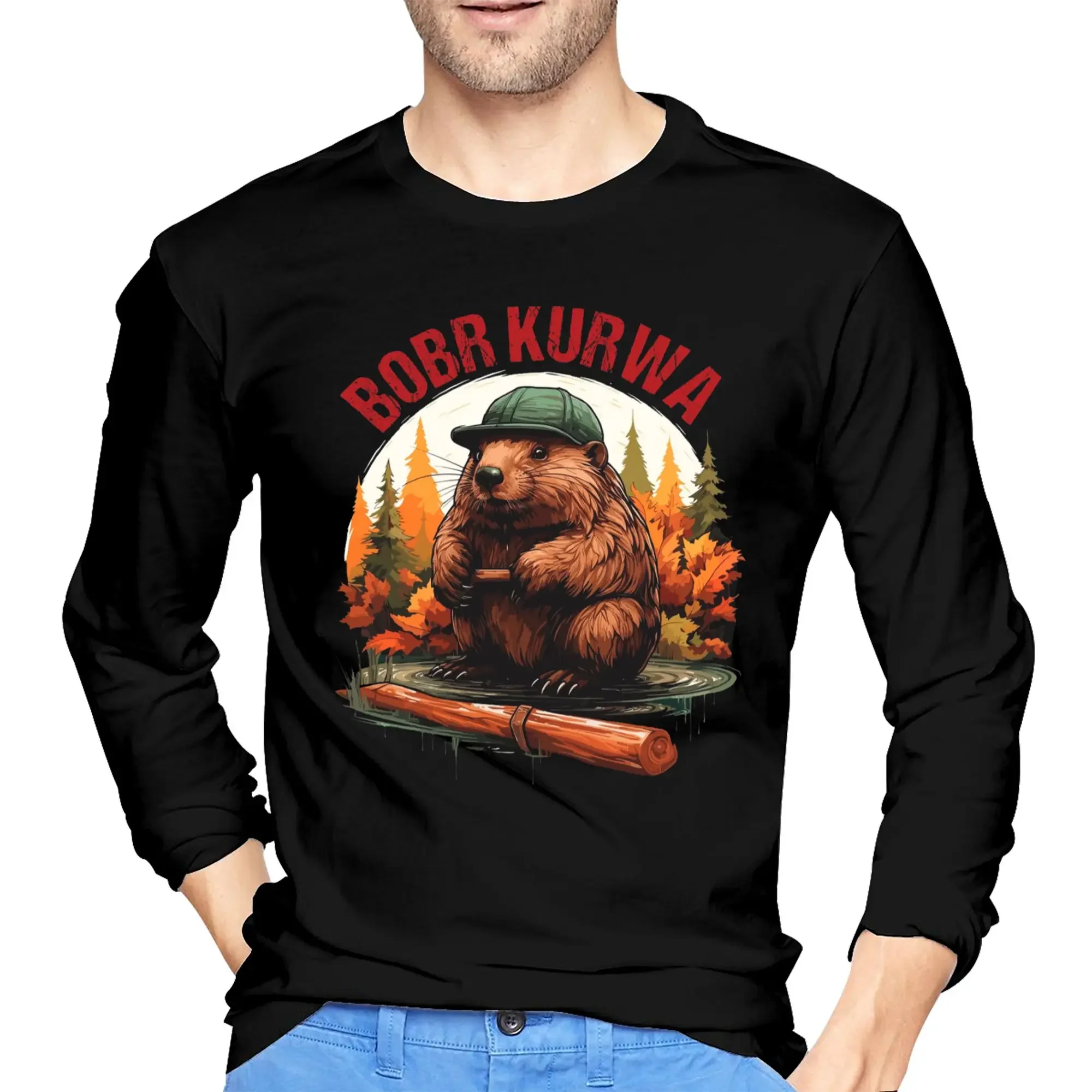 

Bobr Kurwa Bober Beaver Men's Long Sleeved T-shirt Fashion Round Neck T shirts Spring and Autumn Men tops