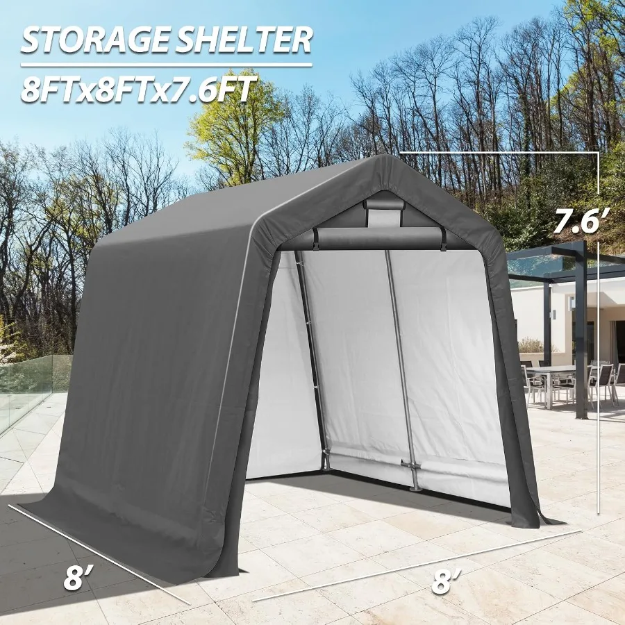 Outdoor Portable Storage Shed for Generator Vehicles Motorcycle, Heavy Duty Steel Frame with Roll-up Zipper Door, Gray, Weather