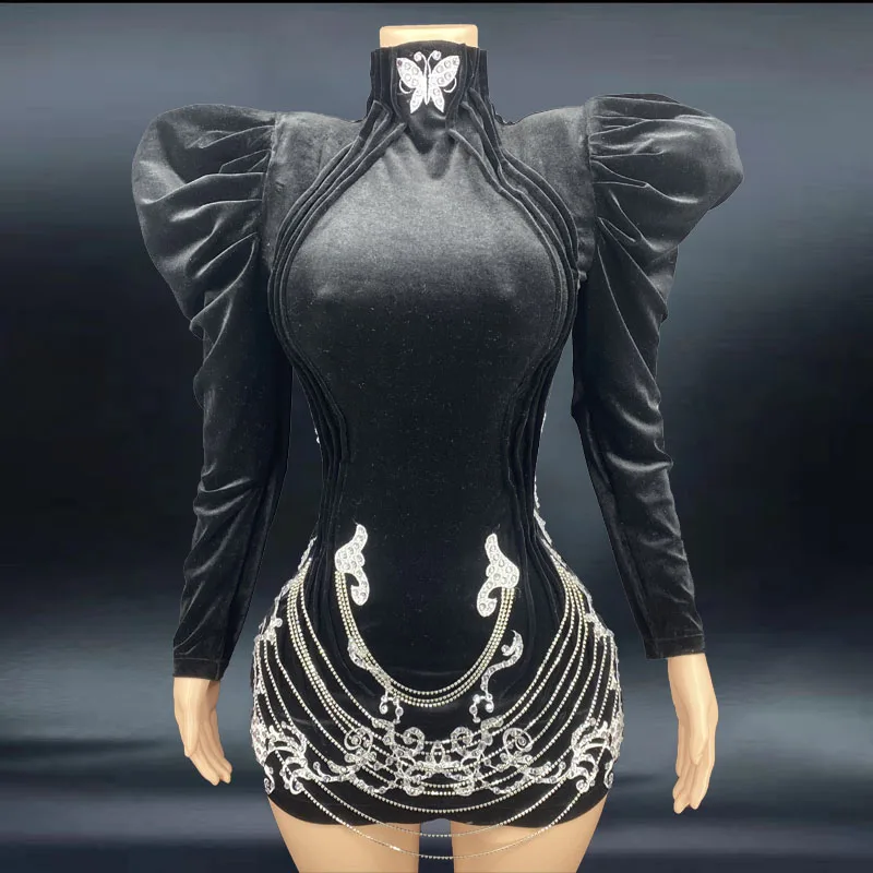 

Sexy Singer Shining Crystals Black Velvet Evening Celebrate Big Shoulder Dress Dance Prom Outfit Birthday Sexy Costume
