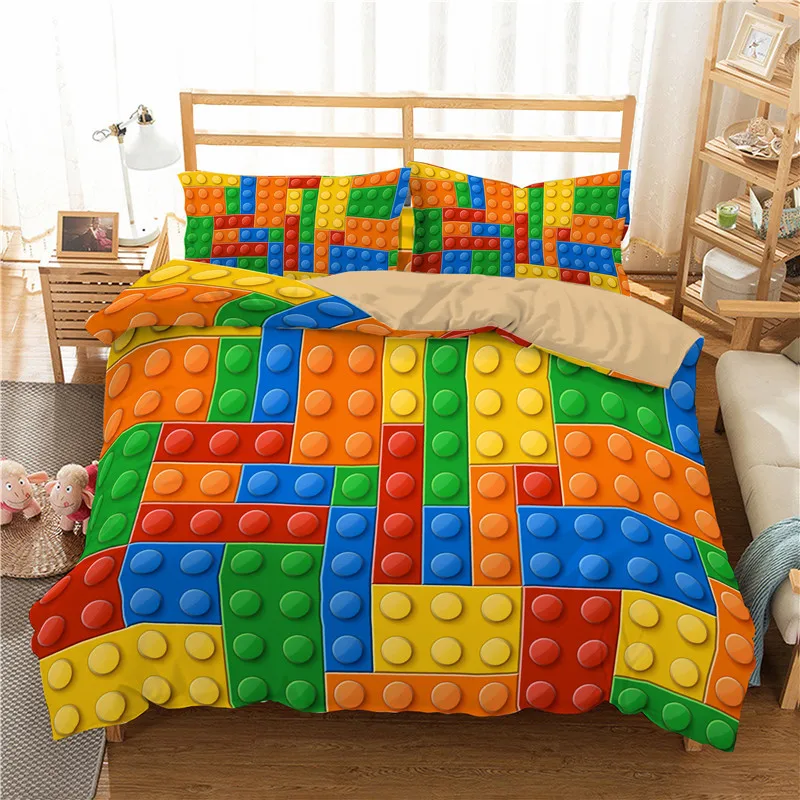 Colorful Toy Duvet Cover Funny Building Blocks Bedding Set With Pillowcases For Toddler Kids Teens Boys Girls Gift Bedroom Decor