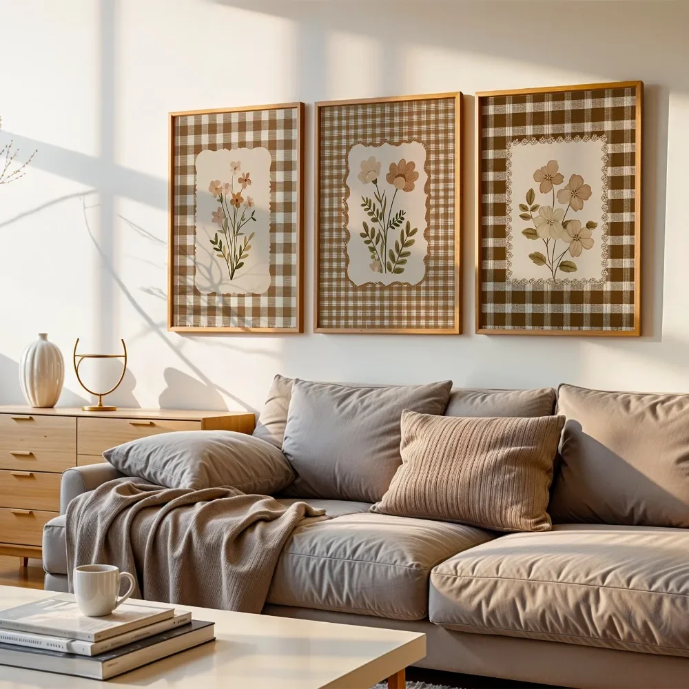 3PCS Large-sized frameless canvas paintings,3pcs/set Vintage Brown Checkered Wildflower Floral Canvas Print Poster Retro Country