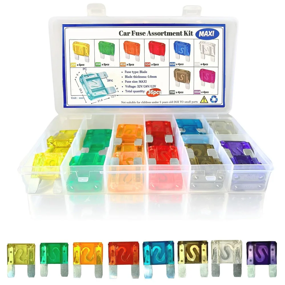 36pcs Maxi Blade Fuse Kit Assortment, 20A 30A 40A 50A 60A 70A 80A 100A Large Size Fuse for SUV, RV, Motorcycle, Boat, Truck