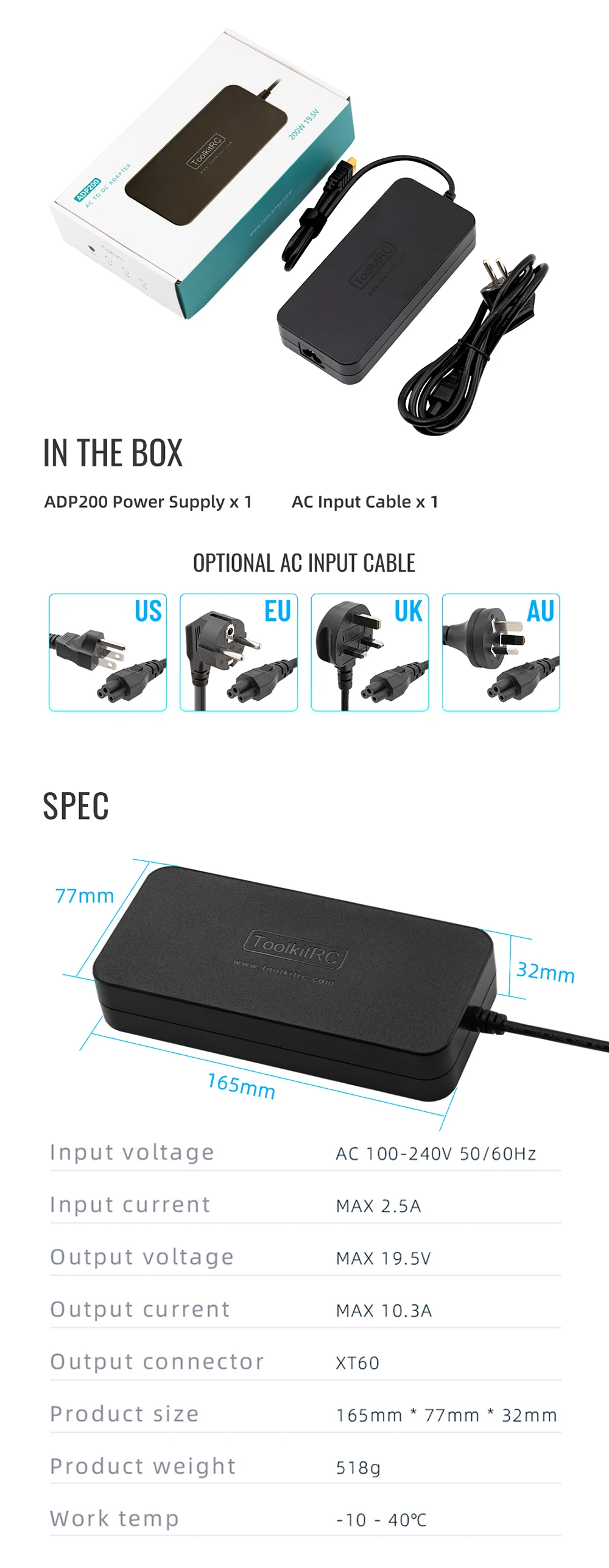 ToolkitRC ADP200 V2 Power Adapter 200W DC 19.5V 10.3A XT60 Output Model Toy Car Accessories Suitable For Charger M6D M8P M7 M9
