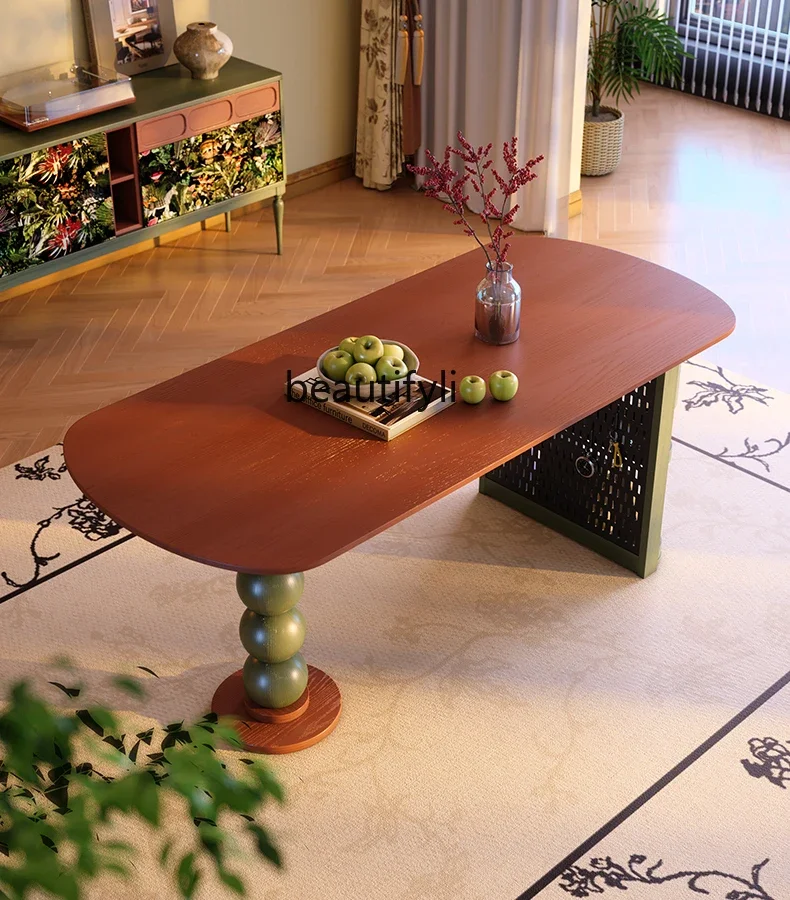 

Solid wood dining table French retro small apartment household oval dining table medium antique high-end storage9344