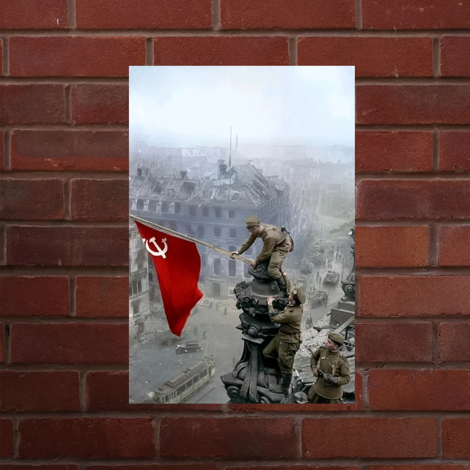Frameless Russian-Style Abstraction Canvas Poster - , Bold Red Flag with White Hammer & Sickle, for Home, Office, Cafe, or Man C
