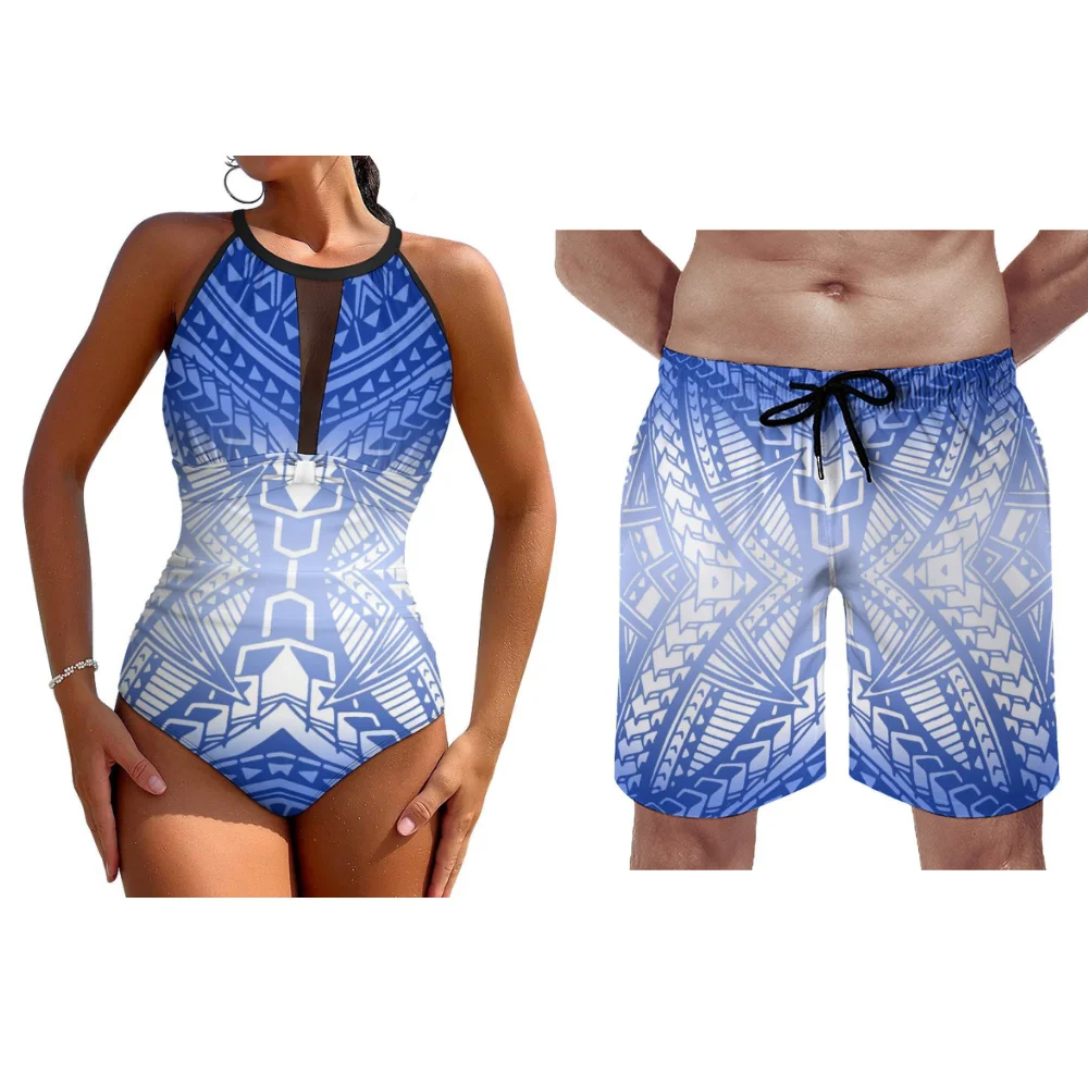 Paare Surf Set Hawaii Resort Strand einteiligen Badeanzug für Frauen sexy Ausschnitt Halfter für Männer Shorts benutzer definierte polynesische Druck