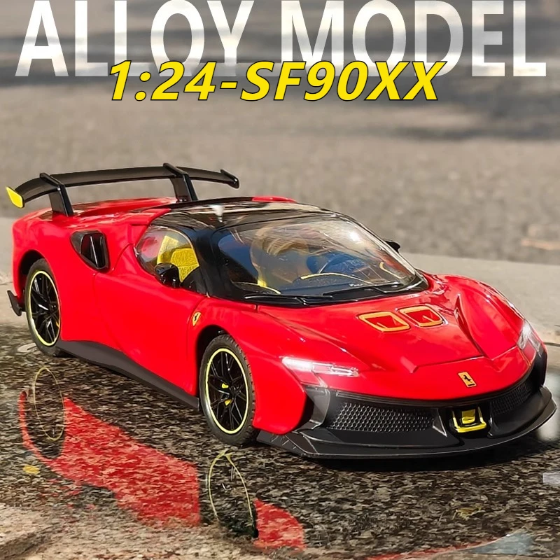 

1:24 Ferrari SF90XX суперкар, модель автомобиля из сплава, имитация детских игрушек, звуковое освещение, модель автомобиля, украшения, праздничные подарки