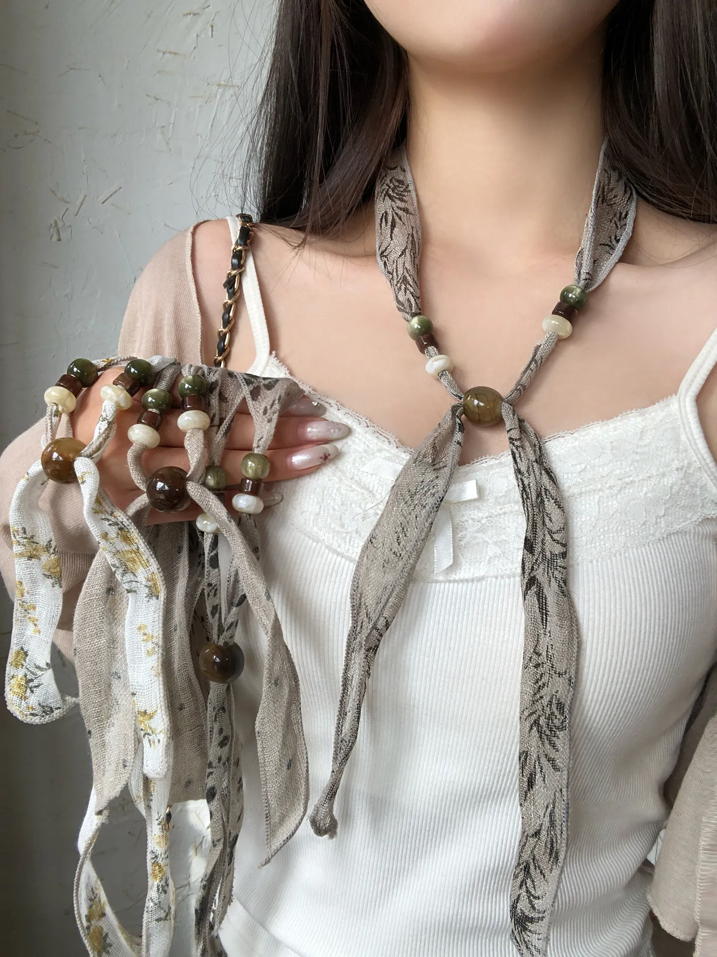 

Ретро-шарф в корейском стиле из льна с бисером, элегантный женский шейный платок, винтажный универсальный декоративный шарф в литературном стиле