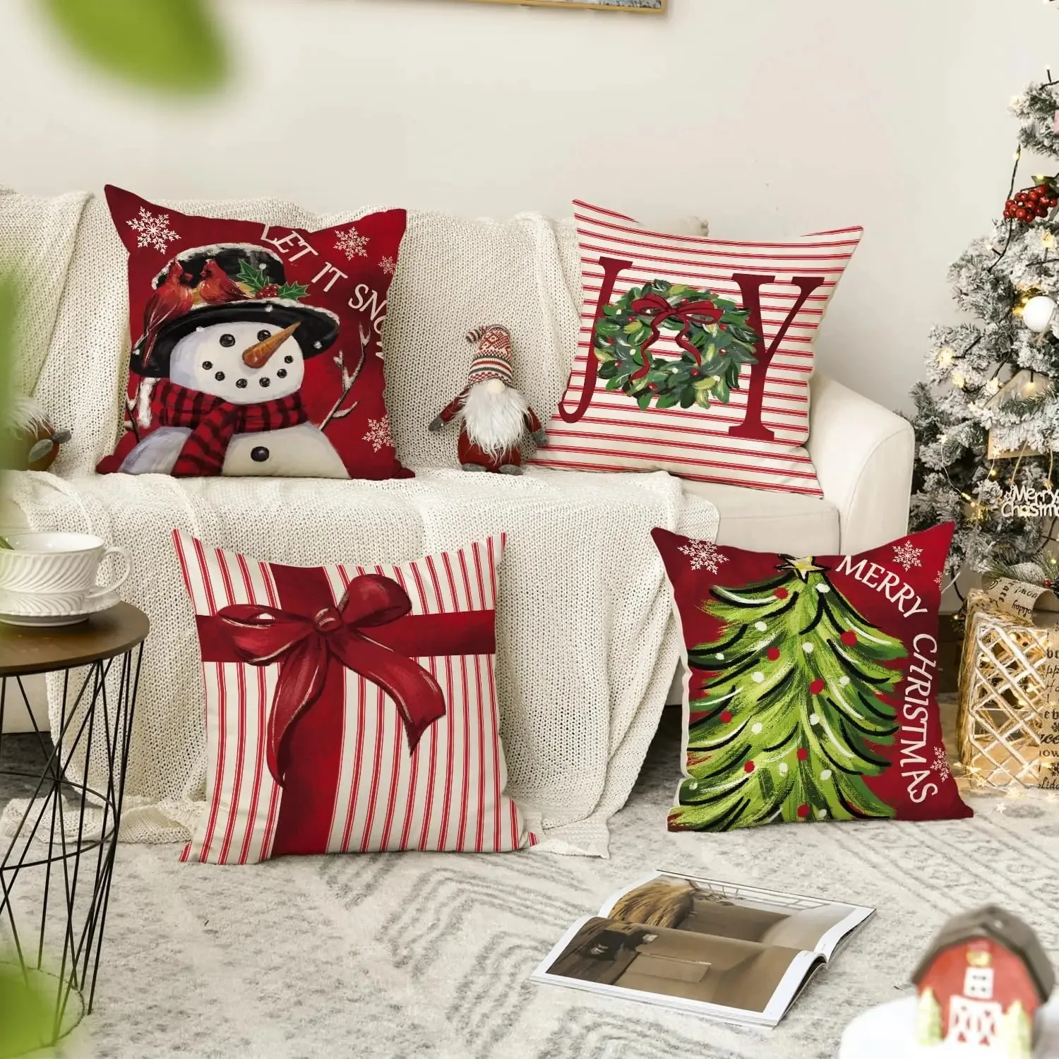 Merry Christmas Let It Snow Joy Stripes Gift Box Red Throw Pillow Covers,Xmas Tree Holiday Cushion Couch Set of 4