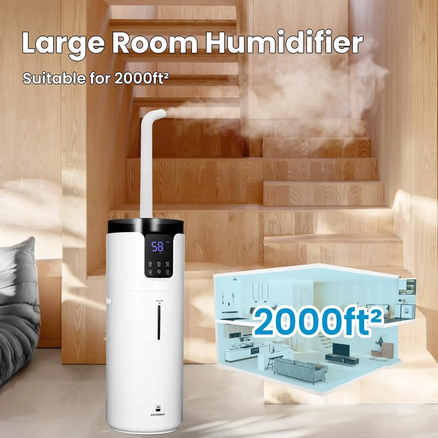 large room, Lacidoll 16L/4.2Gal Whole house Humidifier 2000 sq.ft. Ultrasonic Cool Mist Humidifier for Home with Extension Tube,