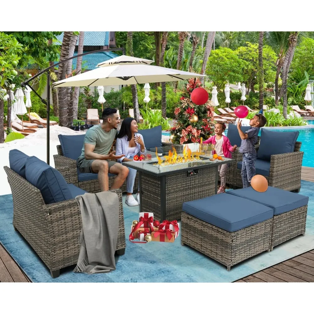 Terrassen möbel Set Rattan Outdoor Balkon Möbel Korb weide Rattan Sofa Set mit 44 "Propangas Feuerstelle Tisch