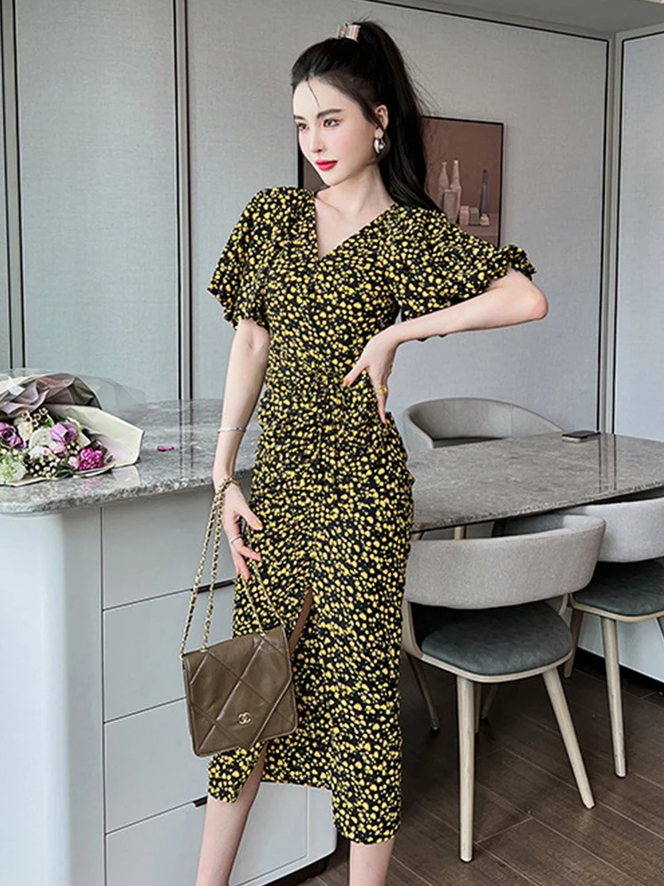 Abiti estivi donna 2023 Vintage elegante abito longuette coreano raso manica a sbuffo pieghe Split Robe Coffee Break Holiday Vestidos