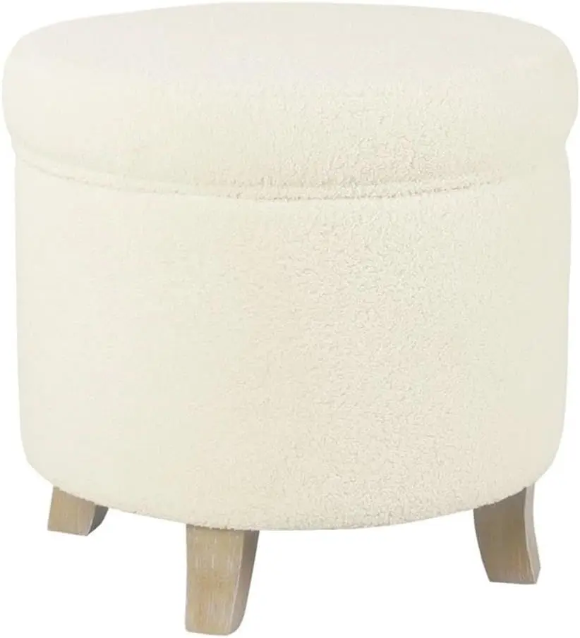 Round Transitional Faux Sheepskin Fabric Storage Ottoman Home Décor|Upholstered Round Foot Rest Ottoman- Light Cream Large