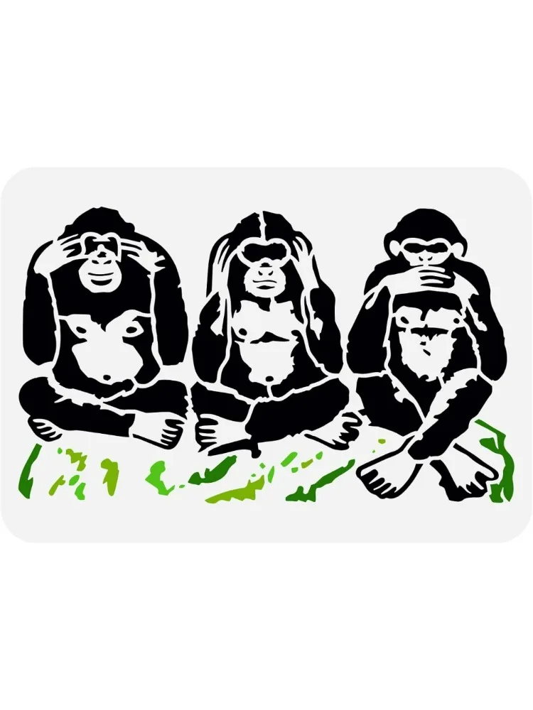 Three Wise Monkeys Stencil 11.7x8.3inch Reusable Thinking Monkeys Painting Stencil Monkey Pattern Animal Themes Drawing — zdjęcie 2