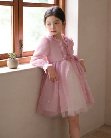 

2026 Baby Girl Spring and Summer Fashion and Cute New Style Dress Pink Mesh Beautiful Kids Middle Long Skirt