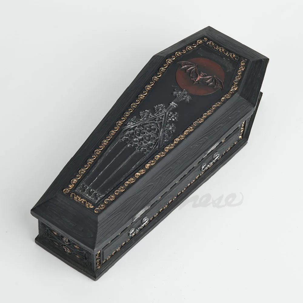 Gothic Bat Pattern Resin Coffin Figurine Dark Vintage Decorative Ornament Home Office Tabletop Display Halloween Decoration Gift