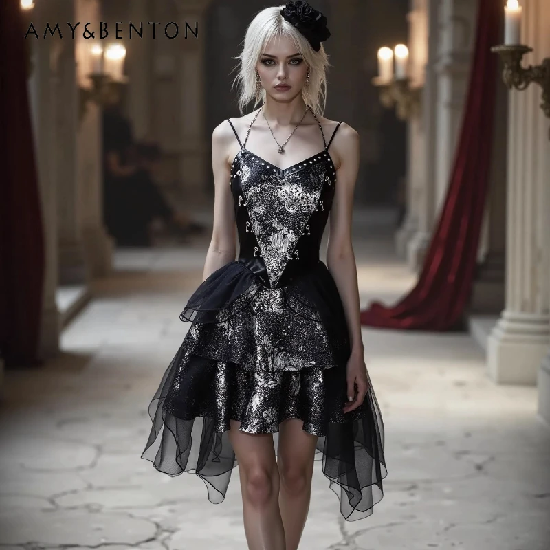 

Original Design Gothic Punk Dark Sweet Cool Women's Sling Dress Summer New Slimming Sexy Strapless Lace Short Dresses Ladies