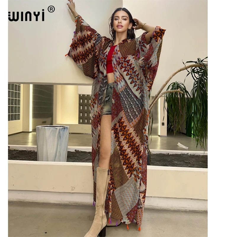 WINYI Sommer-Outfit Kimono Afrika Boho Print Strand Cover Up Muslimisches Kleid Strickjacken Strandkleidung Frauen Abaya Dubai Luxus-Kaftan