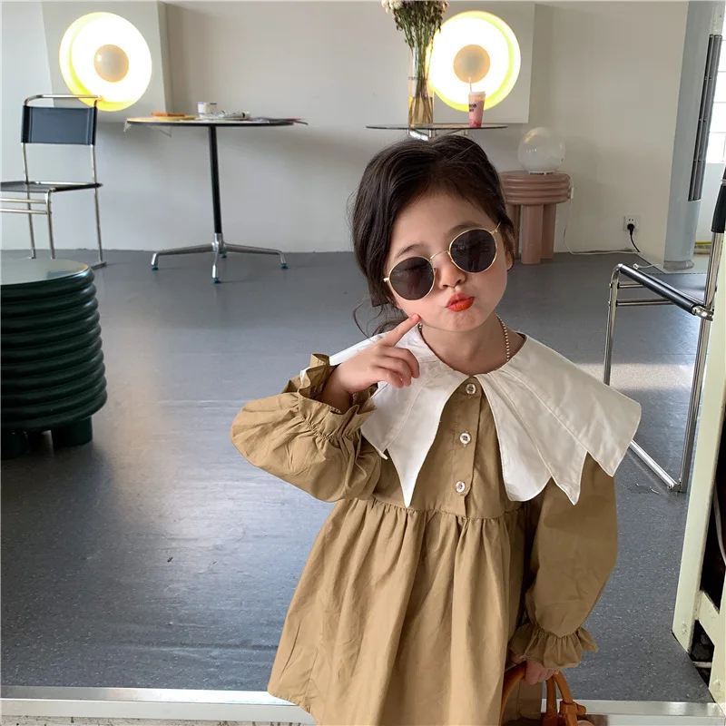 Girl Dress Spring 2023 New Retro Van Doll Pointed Collar Girl\'s Dress Long Sleeve Khaki Princess Dress Sweet Casual Dress