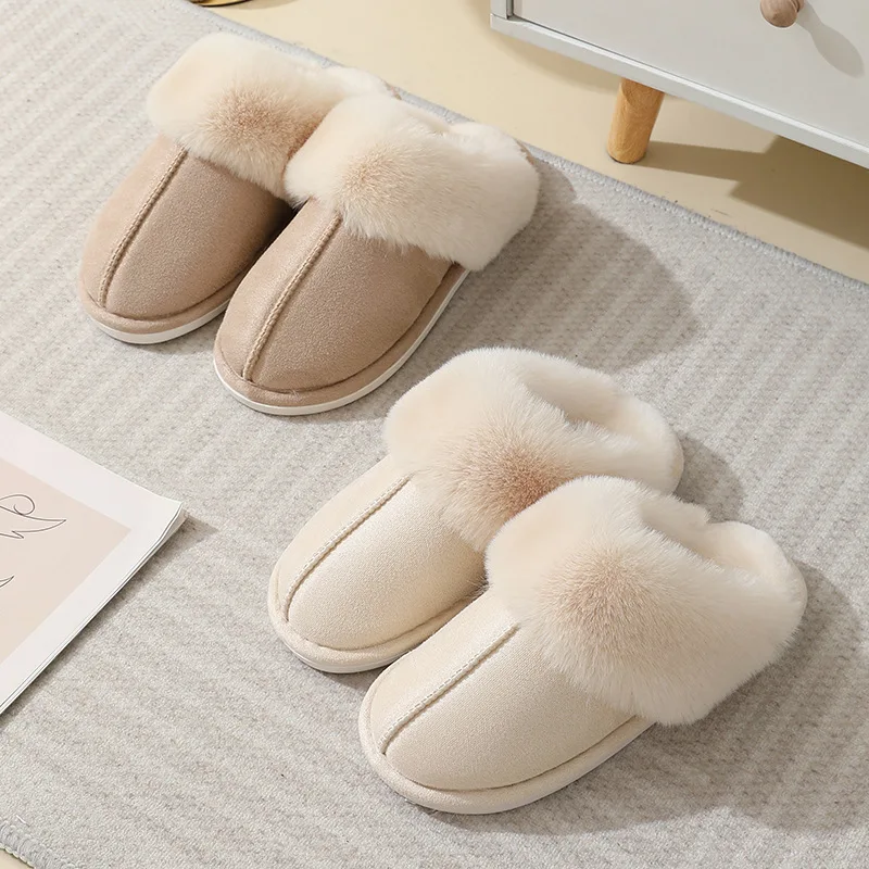 Popular Design Winter Faux Fur Slippers for Couples Warm Cozy Home Shoes Indoor Outdoor Non Slip House Cotton Slippers