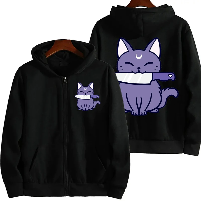 Women's Fleece Zip Up Hoodies Running Sports Sweatshirts Black Knife Kitten Fashion Women Casual Zipper Jackets Y2k Coats