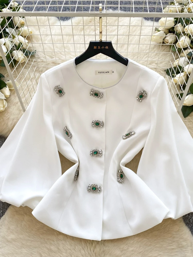 French Fashion Elegant Luxury Crystal-Trim Short Jacket for Women Autumn Lantern-Sleeve Round-Neck Waist-Cinched Chic Tweed Tops