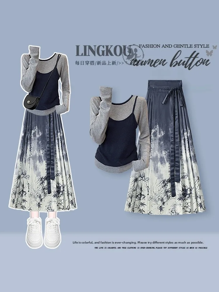 Elegante conjunto de punto de talla grande para mujer, estilo coreano, top de dos piezas con efecto antiedad, nuevo estilo chino, estilo tail ski, para otoño.