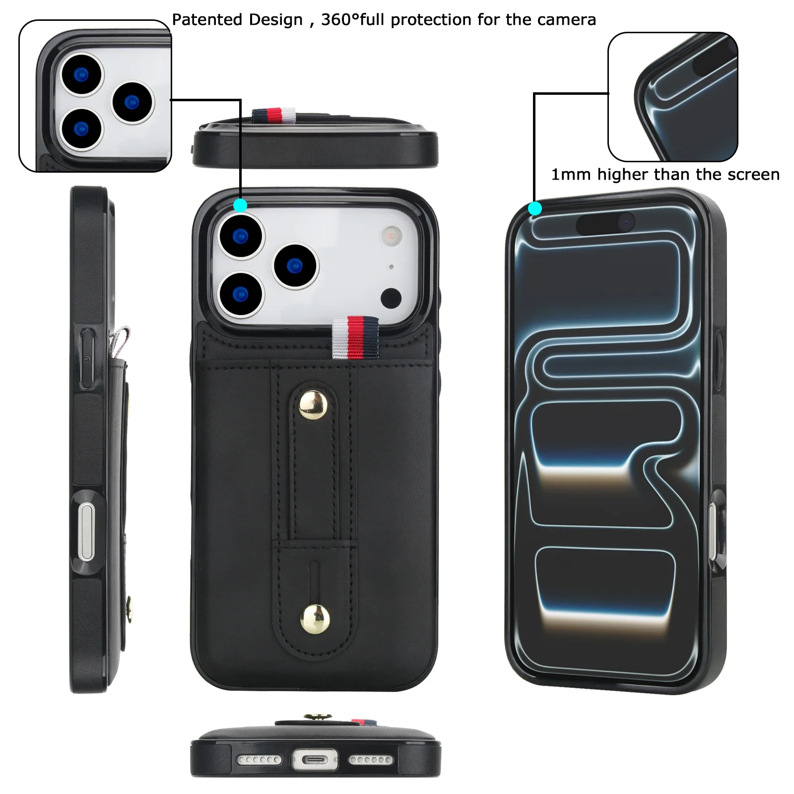Luxury Finger Ring Leather Phone Case for iPhone 13 11 12 14 15 16 17 Pro Max 16 Plus Wrist Strap Wallet Card Slots Cover