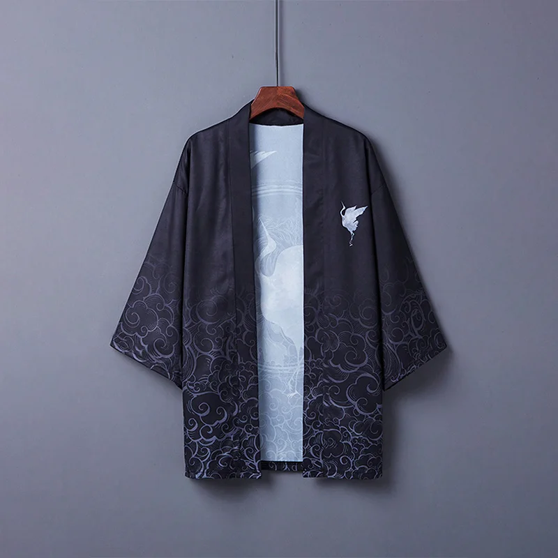 New Chinese-Style Retro Improved Hanfu Feather Jacket Cardigan Summer Crane Print Kimono Yukata Cover-Up Coat