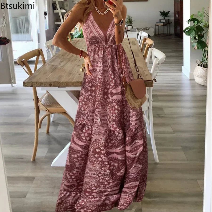 2024 abiti lunghi Boho estivi da donna eleganti abiti da festa con scollo a V Vintage stampati senza maniche Sexy Slim Maxi Beach Dress Mujer