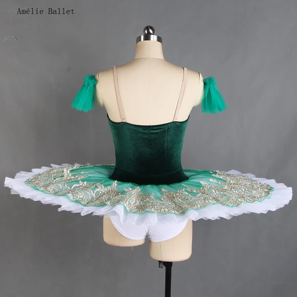 BLL420 Green Velvet Pre-Professional Pancake Tutu Dress for Girls & Women Ballet Dance Wear Stiff Tulle Classical Tutus Costume