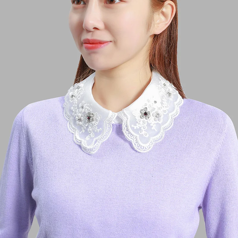 

Linbaiway Chiffon Embroidery Floral Lace Fake Collars for Women Shirt False Collar Half Lapel Detachable Collars Faux Col Tie