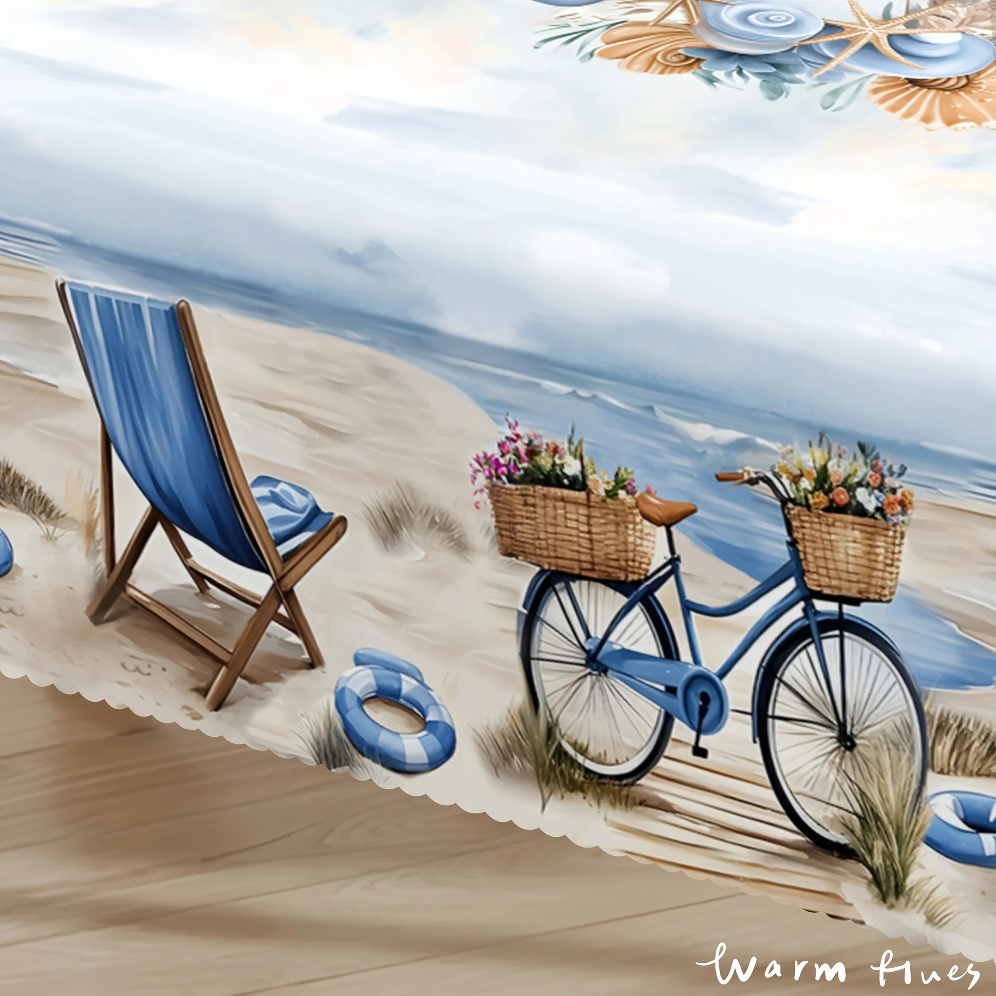 One ocean-themed tablecloth with a coastal and sandy beach scene design. Light blue tablecloth. YZB