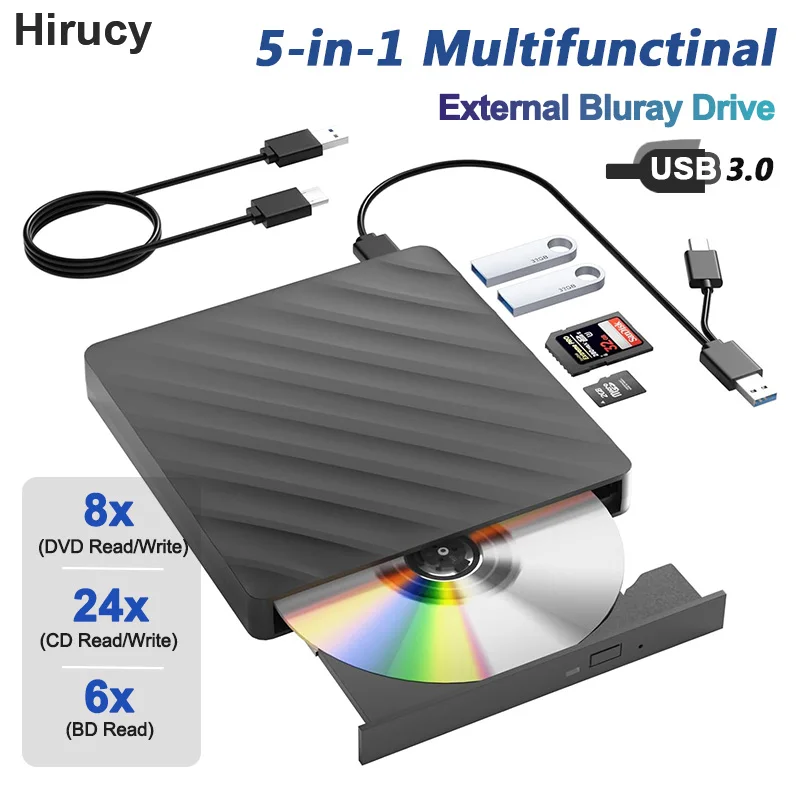 

Внешний привод Bluray 5-в-1 BD-Combo Оптический привод USB3.0 Type-C CD DVD-считыватель Плеер для ноутбуков ПК Windows Mac