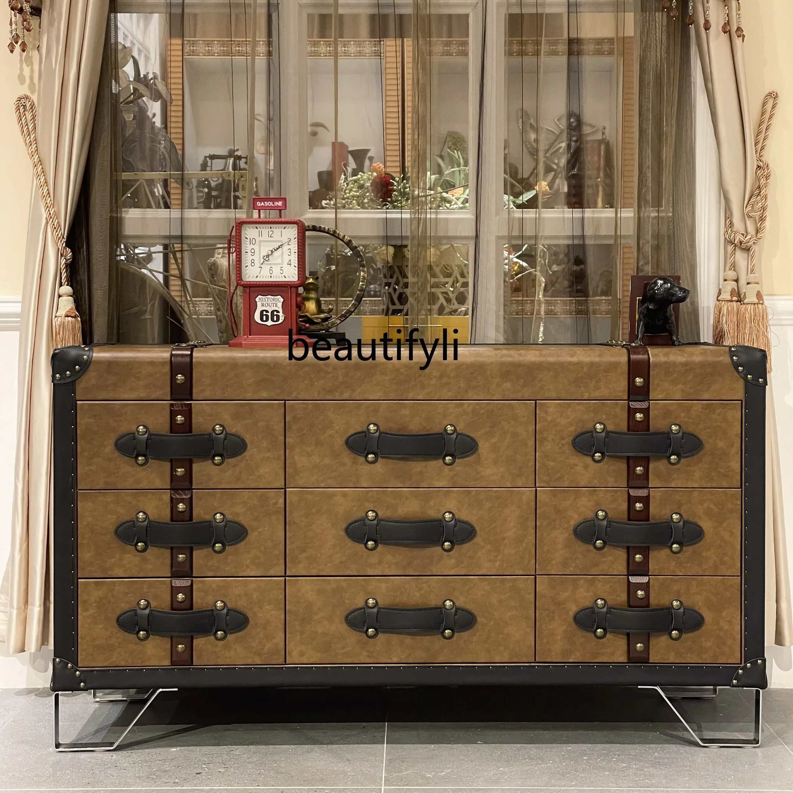 

Esmt163 American retro style medieval leather box side cabinet dining side cabinet storage storage cabinet