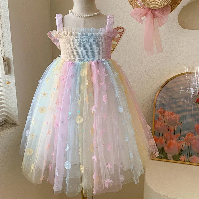 2024 Summer Baby Girl Back Princess Dress Butterfly Wings Dress  Rainbow Dresses for Girls Birthday Party Cute Gown Kids Clothes