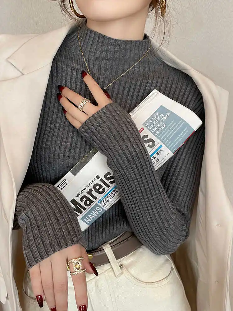Maglione lavorato a maglia Donna Pullover Nuova manica lunga Collo a lupetto Maglione lavorato a maglia bianco Pullover Donna Top Maglioni Sueters De Mujer Q759