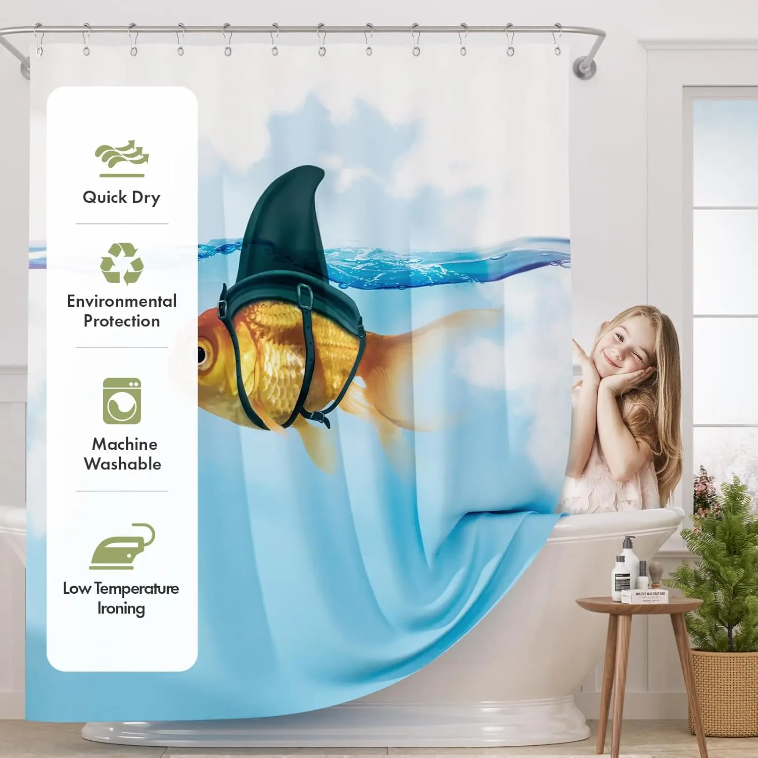 Funny Shark Fin Goldfish Shower Curtain Humorous Animal Print for Kids Bathroom
