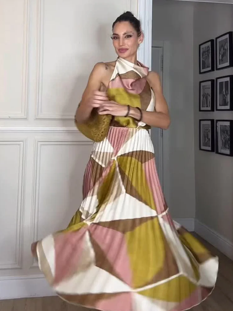 

HH Женская модная юбка без рукавов с геометрическим узором Костюм с открытой спиной и воротником с висячим воротником + плиссированная юбка-миди трапециевидной формы с принтом