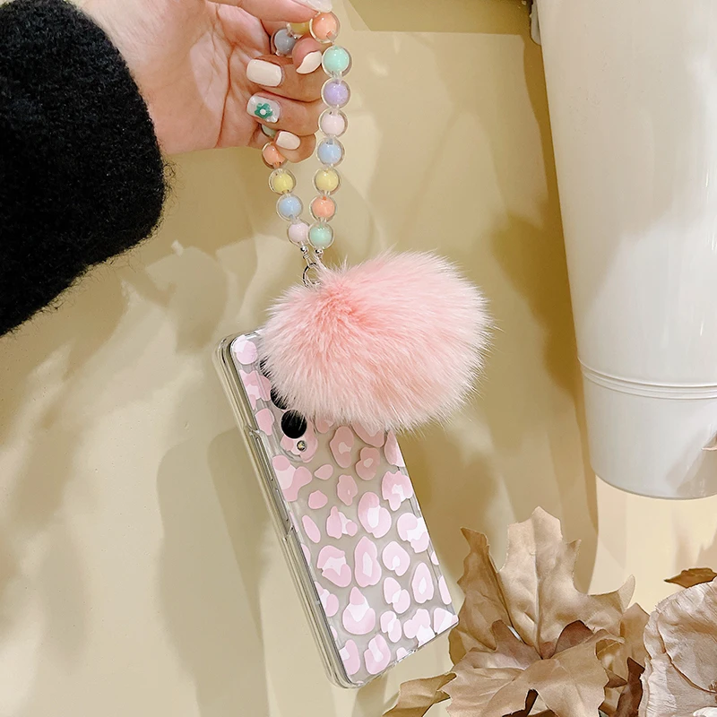 Cute Cartoon Leopard Print Clear PC Phone Case For Samsung Galaxy Z Fold 6 5 4 3 5G Pink Plush Ball Colorful Bead Bracelet Cover