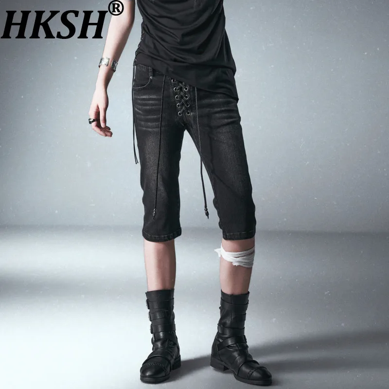 HKSH Spring Summer New Men Tide Chic Ins Dark Capris Washed Denim Pants Shorts Back Strap Retro Fashion Gothic Vibe Y2K HK27205