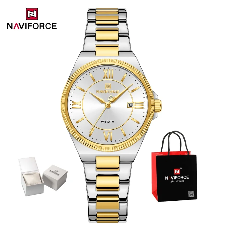 NAVIFORCE Women's Casual Stainless Steel Watch 3ATM Waterproof Date Display Classic Casual Daily Wristwatch Reloj Mujer Gift Box