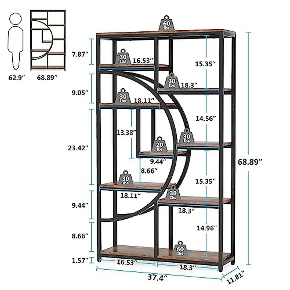 Industrial Bookcase 5 Tier Etagere Display Shelf Geometric Design Solid Construction Ample Storage Space