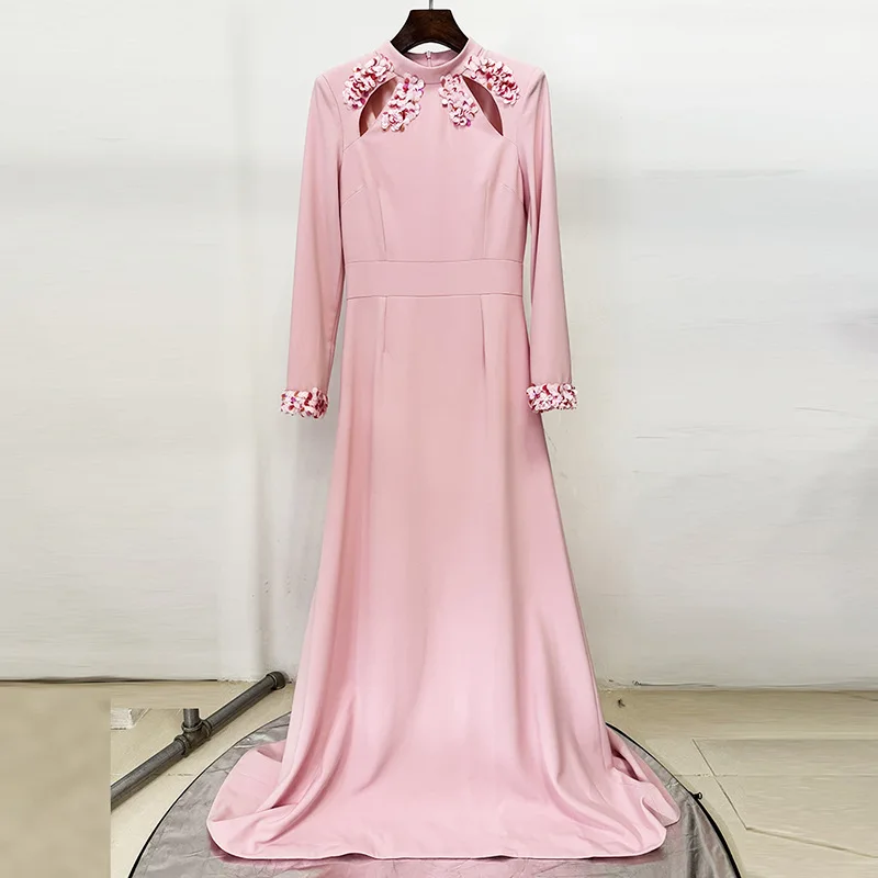 JDY Abito da sera a sirena rosa personalizzato da donna con maniche lunghe, scollo ritagliato e dettagli con perline - Elegante abito formale ف